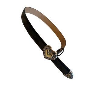 Brighton Black Leather Belt With Gold & Silver Heart Buckle Design Womens Size S